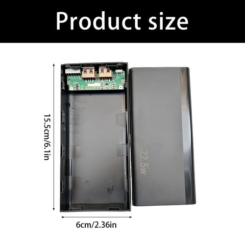 Heavy Duty 22.5W Fast Charging Battery Case For Smartphones And Tablets Built Tough With Smart Temp Control Replaces Damaged Enclosures Clean Matte Black Finish displayed with product dimensions.