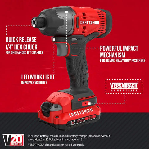 Close-up of impact driver from V20 7 Tool Cordless Power Tool Kit With 2 Batteries And Charger For Home DIY Projects