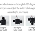 Diagram showing adjustable water outlet angles for Portable 3.5W Micro Hydroelectric Generator with 90, 180, and 270 degrees.