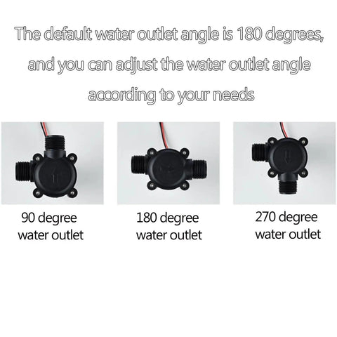 Diagram showing adjustable water outlet angles for Portable 3.5W Micro Hydroelectric Generator with 90, 180, and 270 degrees.