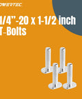 Top Notch T Track Knob Kit With Seven Star Knobs One Quarter Twenty Threaded Bolts And Washers Includes T Bolts And Storage Case For Universal T Track And Double Cut Systems Perfect For Woodworking Jigs And Fixtures, showing four metal T-bolts on orange background.