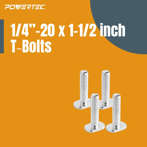 Top Notch T Track Knob Kit With Seven Star Knobs One Quarter Twenty Threaded Bolts And Washers Includes T Bolts And Storage Case For Universal T Track And Double Cut Systems Perfect For Woodworking Jigs And Fixtures, showing four metal T-bolts on orange background.