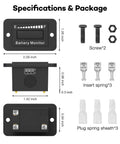 BM210 battery monitor gauge, black plastic; front view with mounting holes, screws, nuts, terminals, springs, sleeves.