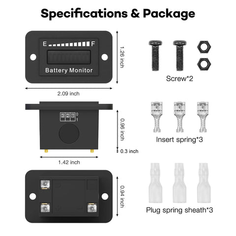 BM210 battery monitor gauge, black plastic; front view with mounting holes, screws, nuts, terminals, springs, sleeves.