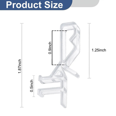 20 Piece Hidden Channel Valance Clips For One Seven Eighth Inch Blinds, clear plastic clip, size dimensions shown