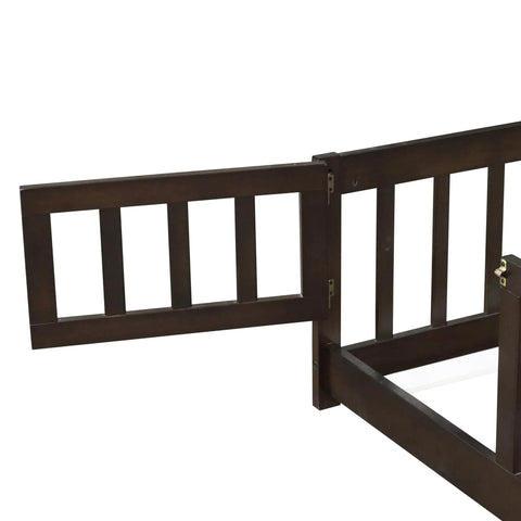 Queen Size Rubber Wood Bed Frame With Safety Guardrails And Door, Heavy Duty Floor Bed Foundation Supports Up To 500 Lbs No Box Spring Needed