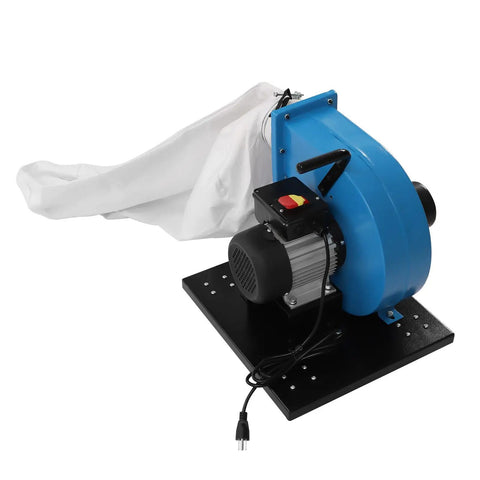Badass 1HP Shop Dust Collector With 550 CFM Suction, 14.8 Gallon Filter Bag, And Sharp 30 Micron Mesh, Smooth Roll Cart, 110V Garage Workhorse For Tough Cleanup Job, blue motor with white bag.