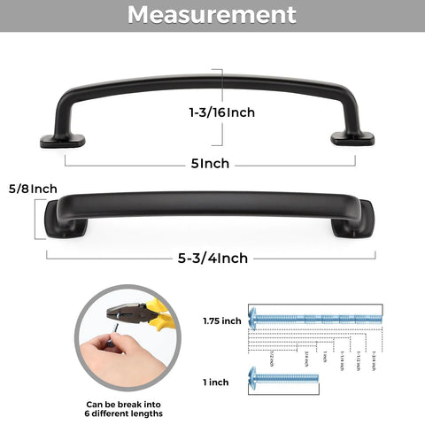 Set Of 10 Matte Black 5 Inch Arch Pulls With Curved Flat Square Design showing measurements and screw size options.