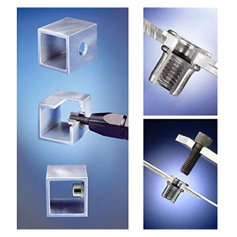 15 Flat Head Threaded Insert Nuts Aluminum Rivet Kit With Knurled Body For Easy Installation Strong Holding Power On Metal Wood Plastic Jobs being installed in metal bar.