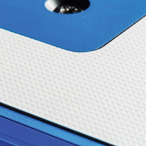 Close-up of high pressure laminate router table top with 10 point plate leveling for precision cuts smooth low friction routing surface.