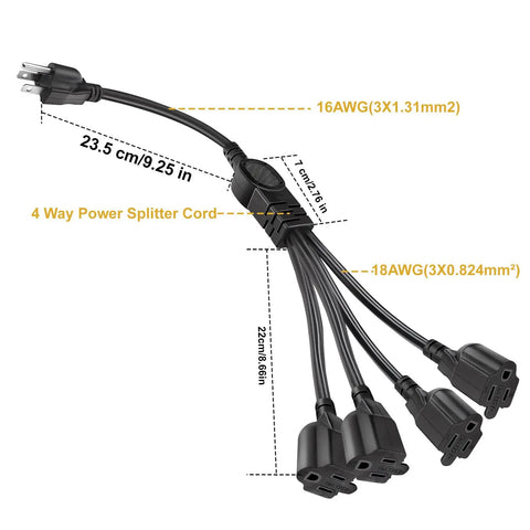 1 To 4 Outlet Power Splitter Extension Cord For Indoor Outdoor Use Heavy Duty 18AWG SJT 125V 13A Grounded NEMA 5-15P Plug