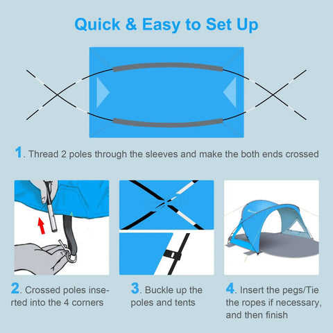 Spacious Beach Tent Sun Shelter With UPF50 Plus UV Protection For Up To Seven People setup guide illustration