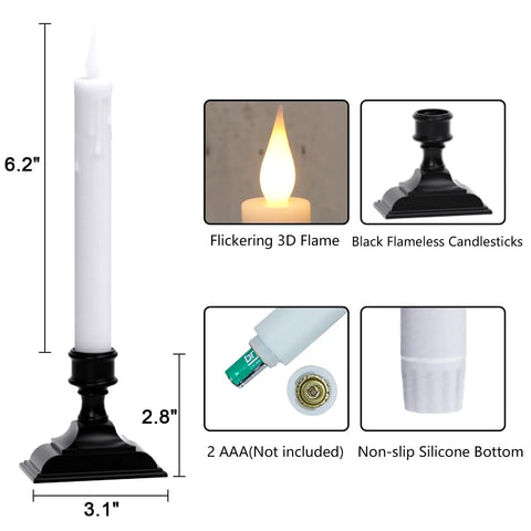 Diagram of Eight Flameless Taper Candles With Remote Controls And Timer, Battery Operated LED With Real Wax Look, dimensions, and features