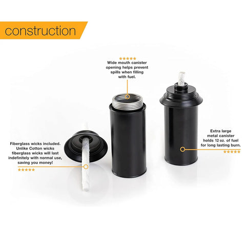 Replacement 12 Oz Tiki Torch Canister With Snuffer Cap Attached Easy Fill Aluminum Metal Torch Fuel Canister Perfect For Tiki Torches Missing Caps 1 Pack, showcasing black aluminum canisters, open with fibreglass wicks and closed on white background.