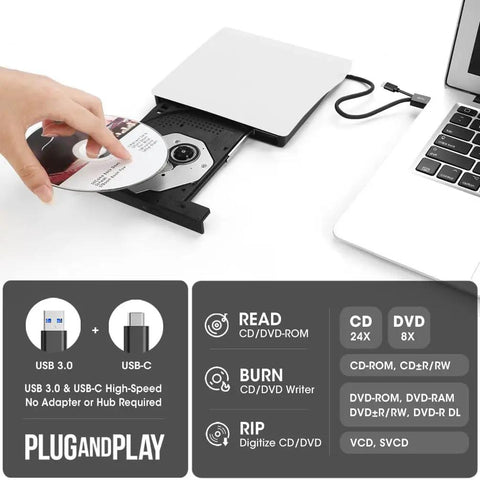 Plug And Play External CD DVD Drive For Mac And Laptop With USB Three Point Zero And USB C No Driver Required Slim White Optical Drive For PC And MacBook Ready Out Of The Box. White USB 3.0 and USB-C external CD/DVD drive with tray open and disc inserted