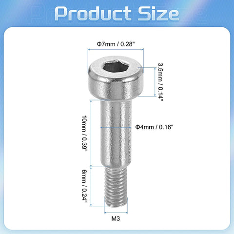 Front view of a Six Pack 304 Stainless Steel Shoulder Bolts With 4mm Shoulder Diameter And 10mm Shoulder Length M3 Thread Hex Socket.