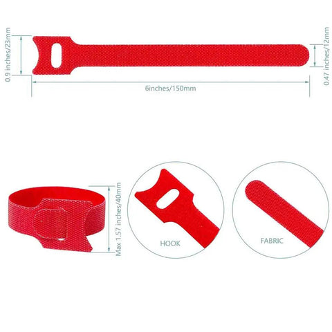 Six Inch Reusable Fabric Cable Ties With Hook And Loop 100 Pack Multi Color Cable Organizer Straps detail view in red