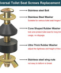 Diagram of Durable Stainless Steel Toilet Seat Screws Replacement Kit with bolts, washers, and wing nuts for top mount hinges.