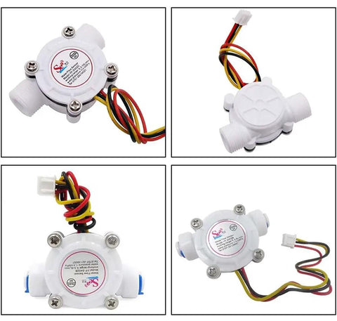 Water Flow Sensor 0.3-10 L/Min Hall Effect Turbine Meter With G3/8 Thread, DC 3.5-24V, XH2.54 3-Pin Plug, shown in various angles