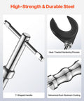 Close-up of high-strength durable steel parts from Inner CV Axle Puller Tool Set With Slide Hammer 4 Lb And Two Inch And Two And A Half Inch CV Joint Fork Adapters Outer CV Adapter Heavy Duty Front Wheel Drive Axle Removal Kit, showing T-shaped handle, heat-treated fork, and galvanized coating.