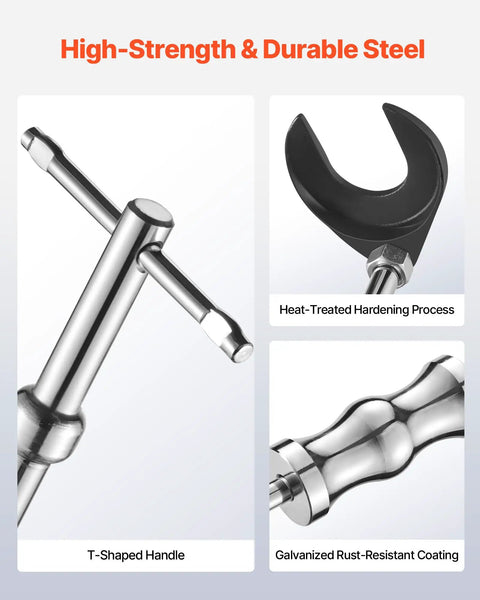 Close-up of high-strength durable steel parts from Inner CV Axle Puller Tool Set With Slide Hammer 4 Lb And Two Inch And Two And A Half Inch CV Joint Fork Adapters Outer CV Adapter Heavy Duty Front Wheel Drive Axle Removal Kit, showing T-shaped handle, heat-treated fork, and galvanized coating.