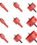 Bi Metal Hole Saw Kit, 9 Piece Set With HSS Cutter, Arbor And Pilot Bit, Sizes From Three Quarters To Three Inches, displayed.