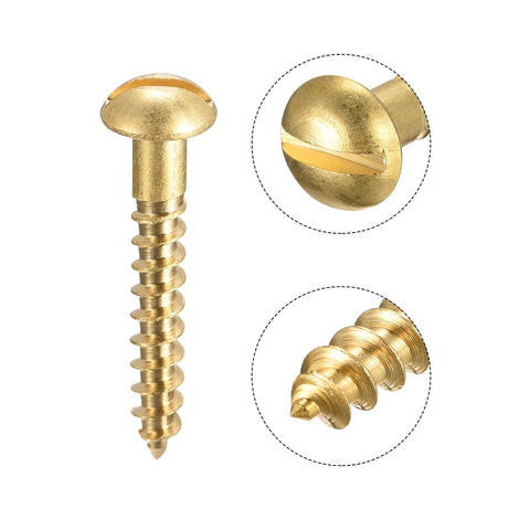 Brass Wood Screws M4 x 25mm Slotted Round Head Self Tapping 20 Pieces showing close-up details of head and threading.