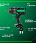High Torque Cordless Brushless Three Quarters Inch Square Drive Impact Wrench Tool Body Only with friction ring, green highlights