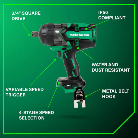 High Torque Cordless Brushless Three Quarters Inch Square Drive Impact Wrench Tool Body Only with friction ring, green highlights