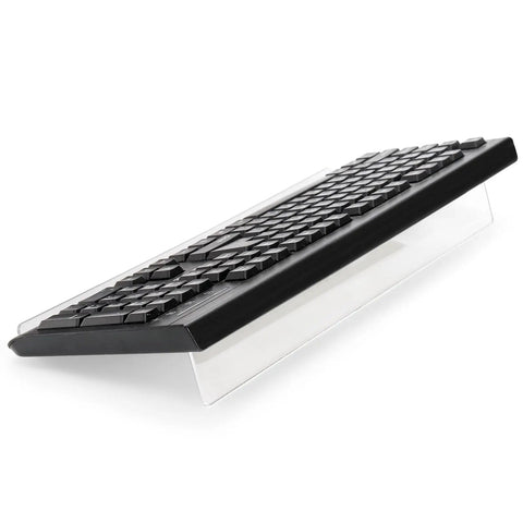 Two Pack Tilted Keyboard Stand In Clear Acrylic For Ergonomic Typing, angled view with keyboard, desk setup solution