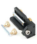 Slick Aluminum Drilling Jig For 20 30 And 40 Series Profile Rails With Integrated Threading Tool, showing brass knobs and steel plate.