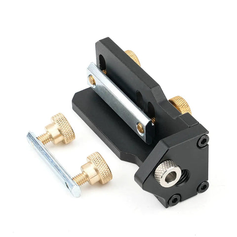 Slick Aluminum Drilling Jig For 20 30 And 40 Series Profile Rails With Integrated Threading Tool, showing brass knobs and steel plate.