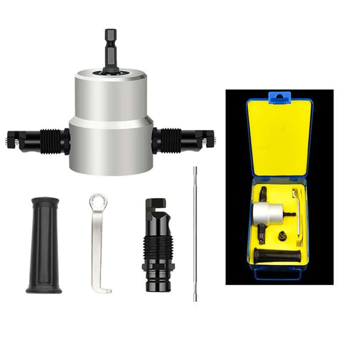 360 Degree Rotating Double Head Thin Sheet Metal Cutter Nibbler Drill Attachment with carry case and accessories