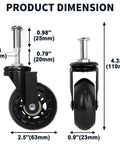 Set Of 6 Heavy-Duty 2.5 Inch Caster Wheels With Rubber Tires, 360 Degree Swivel, Quiet Rolling, replacement dimensions