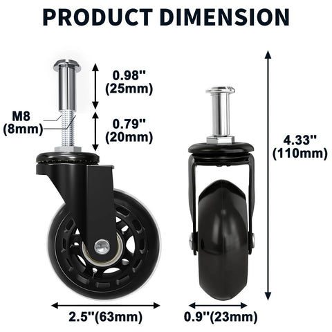 Set Of 6 Heavy-Duty 2.5 Inch Caster Wheels With Rubber Tires, 360 Degree Swivel, Quiet Rolling, replacement dimensions