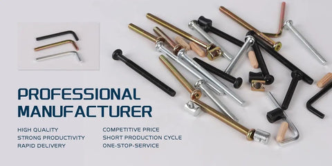 Dark Bronze Hex Socket Head Cap Screw Set With Barrel Nuts And Allen Wrench For Crib Furniture Assembly shown together.