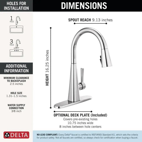 Lenta Chrome Kitchen Faucet with Pull-Down Sprayer dimensions; single hole or 3-hole 8-inch install; chrome with deck plate included