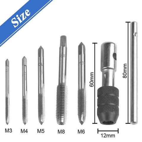 Heavy Duty Tap Handle Wrench Kit For Quick Hand Tapping, Pro Grade Tap Set with T-Handle, showing drill bits and thread sizes M3-M8
