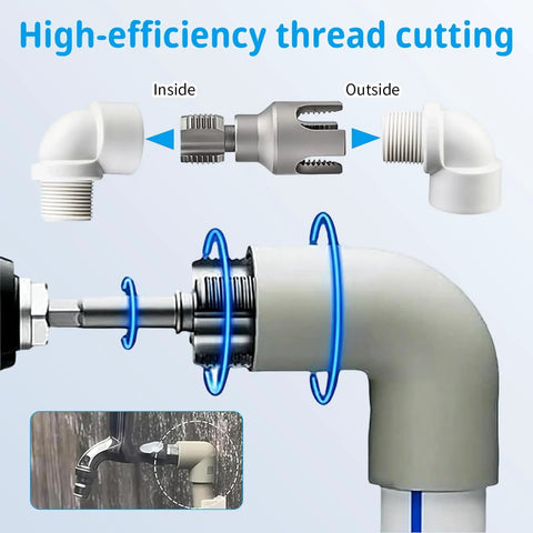 Kick Butt Plumbing Work With This Heavy-Duty PVC Pipe Threader Set showing internal and external thread cutting for 1/2 and 3/4 inch pipes.