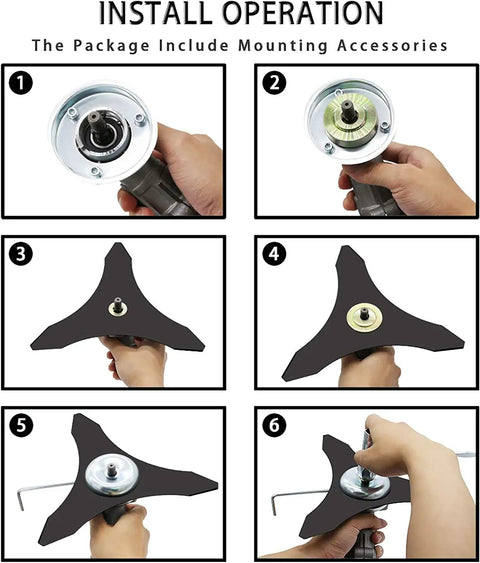 Heavy Duty Carbide Tipped Brush Cutter Blades Set installation on trimmer with mounting accessories included in the package.