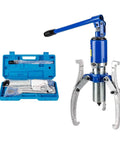 Heavy Duty Built Tough Portable Hydraulic Bearing Puller, 20 Ton Capacity, in a blue case, with silver jaws and pump.