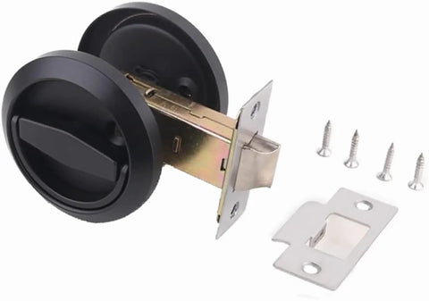 Black Round Privacy Door Knobs Set In 304 Stainless Steel with Hidden Door Pulls, Chicago Screws, shown with installation kit