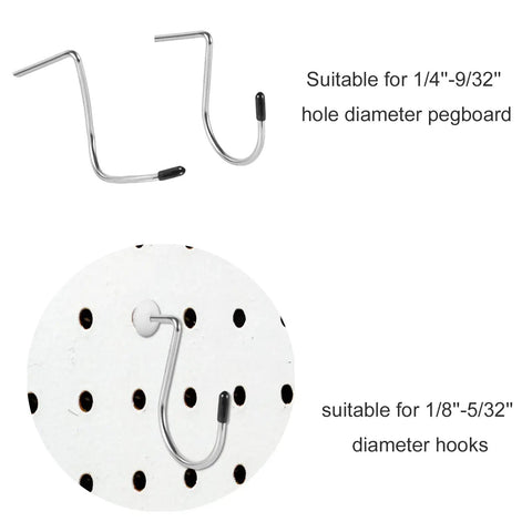 120 Pack White Pegboard Hook Stoppers Lock It Down And Keep Gear Secure Heavy Duty Silicone Safety Clips Halt Hook Drop Fits Standard Wall Mounts Garage Setup Routine showing chrome hooks suited for pegboard with various hook sizes.