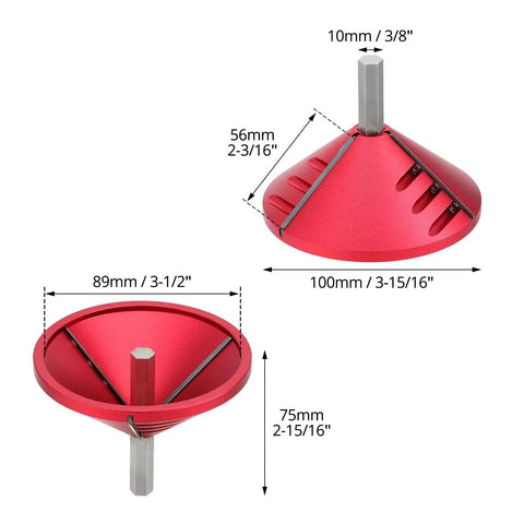 QWORK 2-in-1 PVC pipe deburring and chamfer tool, red aluminum body with square steel shaft, side and top views