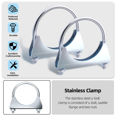 Beefy 2 Pack 54mm Muffler Exhaust U Clamps With Saddle Flange For Tail Pipe Install Heavy Duty Stainless Steel Corrosion Resistant