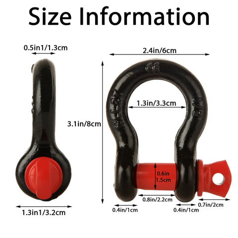 Eight Pack One Half Inch D Ring Shackles, Screw Pin Beefy Heavy Duty Gear For Towing And Off Road Recovery, Carbon Steel Chain Shackles Set size dimensions