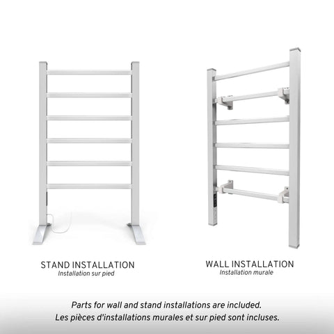 Towel Warmer With Built In Timer And LED Indicators No Fuss Auto Shutoff After 1 To 8 Hours Quiet Fast Heating Temperature Adjustable From 30 To 60 C Freestanding Aluminum Unit With 6 Bars, shown in stand and wall installation options.