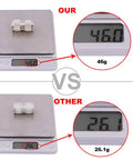 Comparison of 2 Pack 50 Ohm N Type Male Connectors for Coax Cable showing weight difference on scales, heavier at 46g vs 26.1g