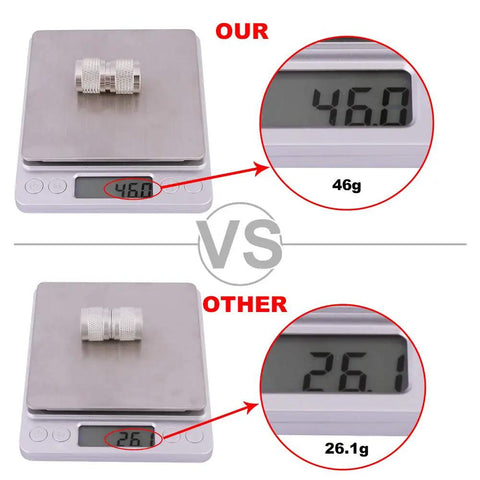 Comparison of 2 Pack 50 Ohm N Type Male Connectors for Coax Cable showing weight difference on scales, heavier at 46g vs 26.1g