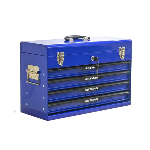 Built Tough 20 Inch Steel Toolbox with four drawers, lockable latch system, portable tool storage for garage and auto repair.